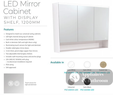 Fienza PSC1200SS-LED 1200mm Mirror LED Cabinet with Undershelf Scandi Oak - Mirrors & Cabinets