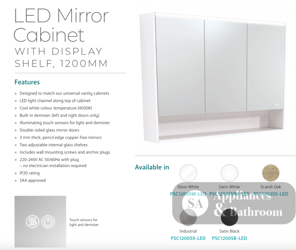 Fienza PSC1200SW-LED 1200mm Mirror LED Cabinet with Undershelf Gloss White - Mirrors & Cabinets