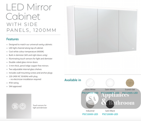 Fienza PSC1200W-LED 1200mm Mirror LED Cabinet Gloss White - Mirrors & Cabinets