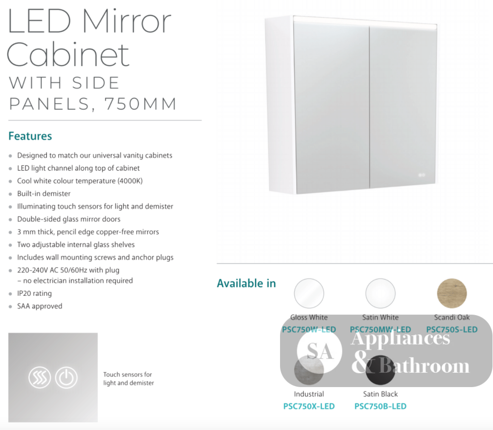 Fienza PSC750B-LED 750mm Mirror LED Cabinet Satin Black - Mirrors & Cabinets