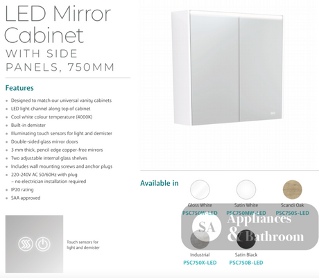 Fienza PSC750B-LED 750mm Mirror LED Cabinet Satin Black - Mirrors & Cabinets