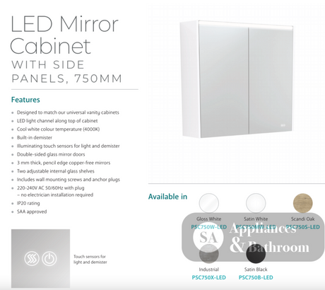 Fienza PSC750S-LED 750mm Mirror LED Cabinet Scandi Oak - Mirrors & Cabinets