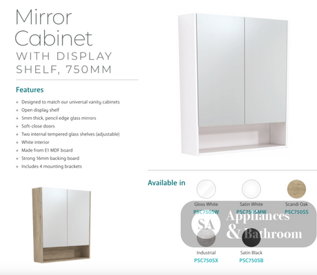 Fienza PSC750SMW 750mm Mirror Cabinet with Undershelf Satin White - Mirrors & Cabinets