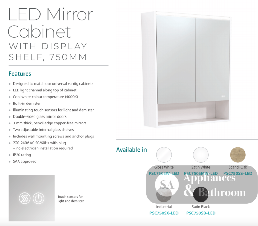 Fienza PSC750SMW-LED 750mm Mirror LED Cabinet with Undershelf Satin White - Mirrors & Cabinets