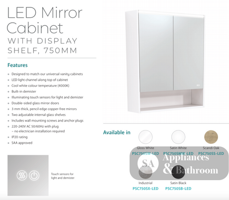 Fienza PSC750SMW-LED 750mm Mirror LED Cabinet with Undershelf Satin White - Mirrors & Cabinets