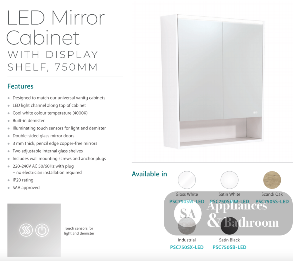 Fienza PSC750SW-LED 750mm Mirror LED Cabinet with Undershelf Gloss White - Mirrors & Cabinets