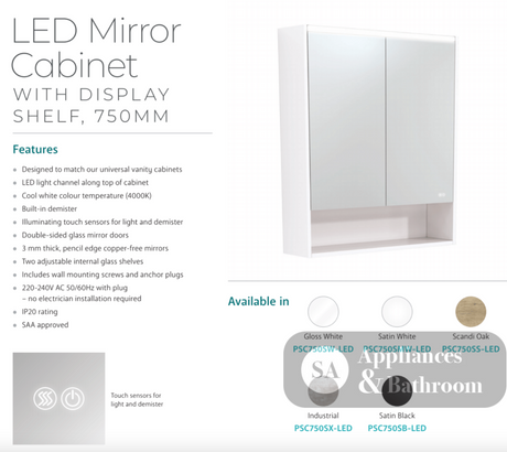 Fienza PSC750SW-LED 750mm Mirror LED Cabinet with Undershelf Gloss White - Mirrors & Cabinets