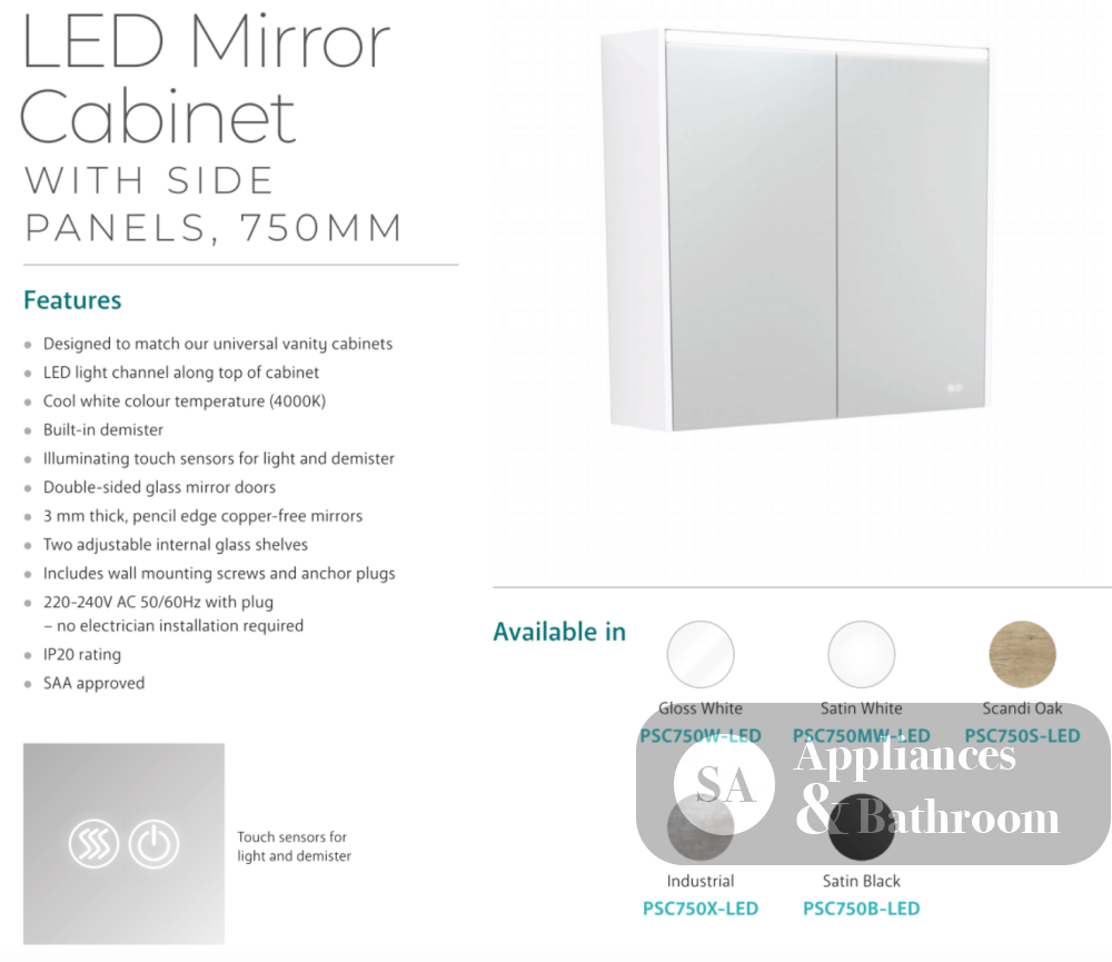 Fienza PSC750W-LED 750mm Mirror LED Cabinet Gloss White - Mirrors & Cabinets