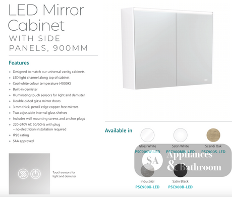 Fienza PSC900B-LED 900mm Mirror LED Cabinet Satin Black - Mirrors & Cabinets