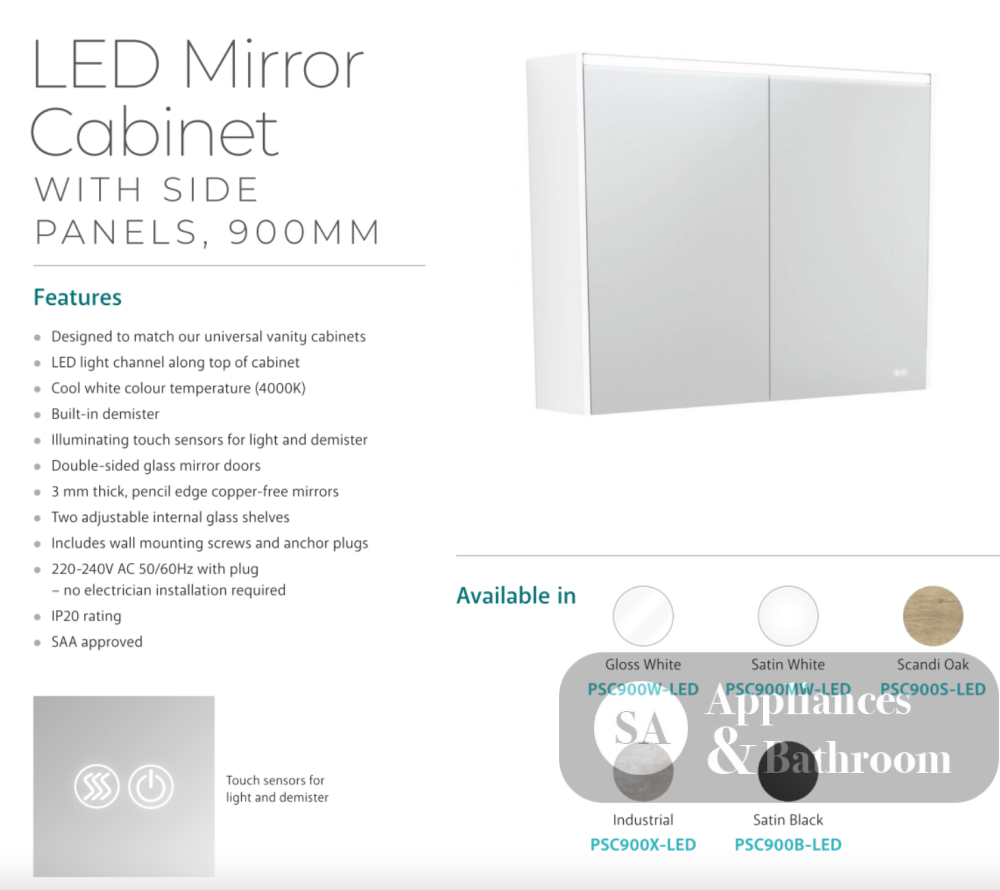 Fienza PSC900MW-LED 900mm Mirror LED Cabinet Satin White - Mirrors & Cabinets