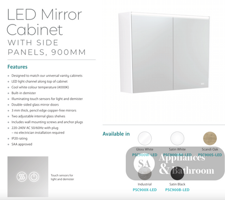 Fienza PSC900MW-LED 900mm Mirror LED Cabinet Satin White - Mirrors & Cabinets