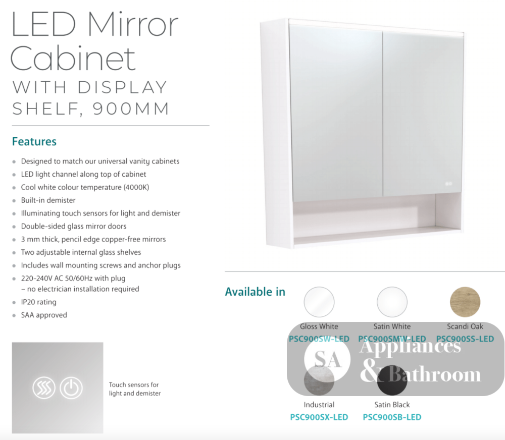 Fienza PSC900SS-LED 900mm Mirror LED Cabinet with Undershelf Scandi Oak - Mirrors & Cabinets