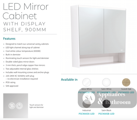 Fienza PSC900SS-LED 900mm Mirror LED Cabinet with Undershelf Scandi Oak - Mirrors & Cabinets