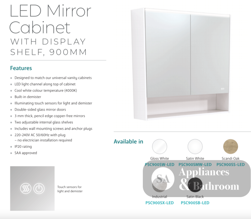 Fienza PSC900SW-LED 900mm Mirror LED Cabinet with Undershelf Gloss White - Mirrors & Cabinets