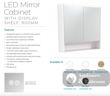 Fienza PSC900SW-LED 900mm Mirror LED Cabinet with Undershelf Gloss White - Mirrors & Cabinets