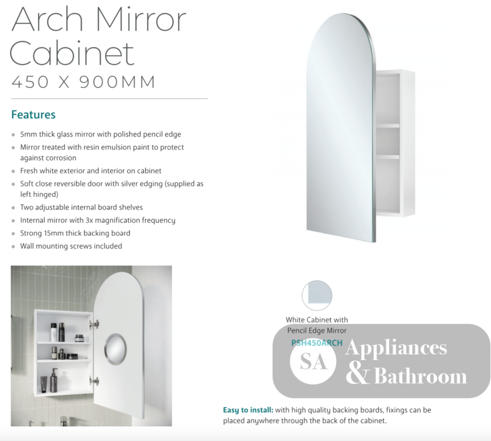 Fienza PSH450ARCH Arch 450 x 900mm Mirror Cabinet - Mirrors & Cabinets