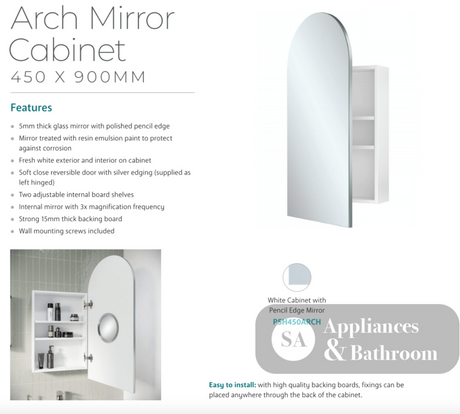 Fienza PSH450ARCH Arch 450 x 900mm Mirror Cabinet - Mirrors & Cabinets