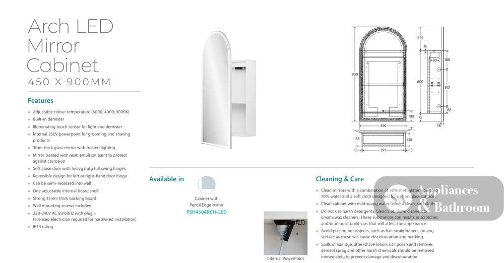 Fienza PSH450ARCH-LED Arch 450 x 900mm Mirror Cabinet - Mirrors & Cabinets