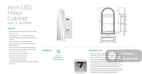 Fienza PSH450ARCH-LED Arch 450 x 900mm Mirror Cabinet - Mirrors & Cabinets