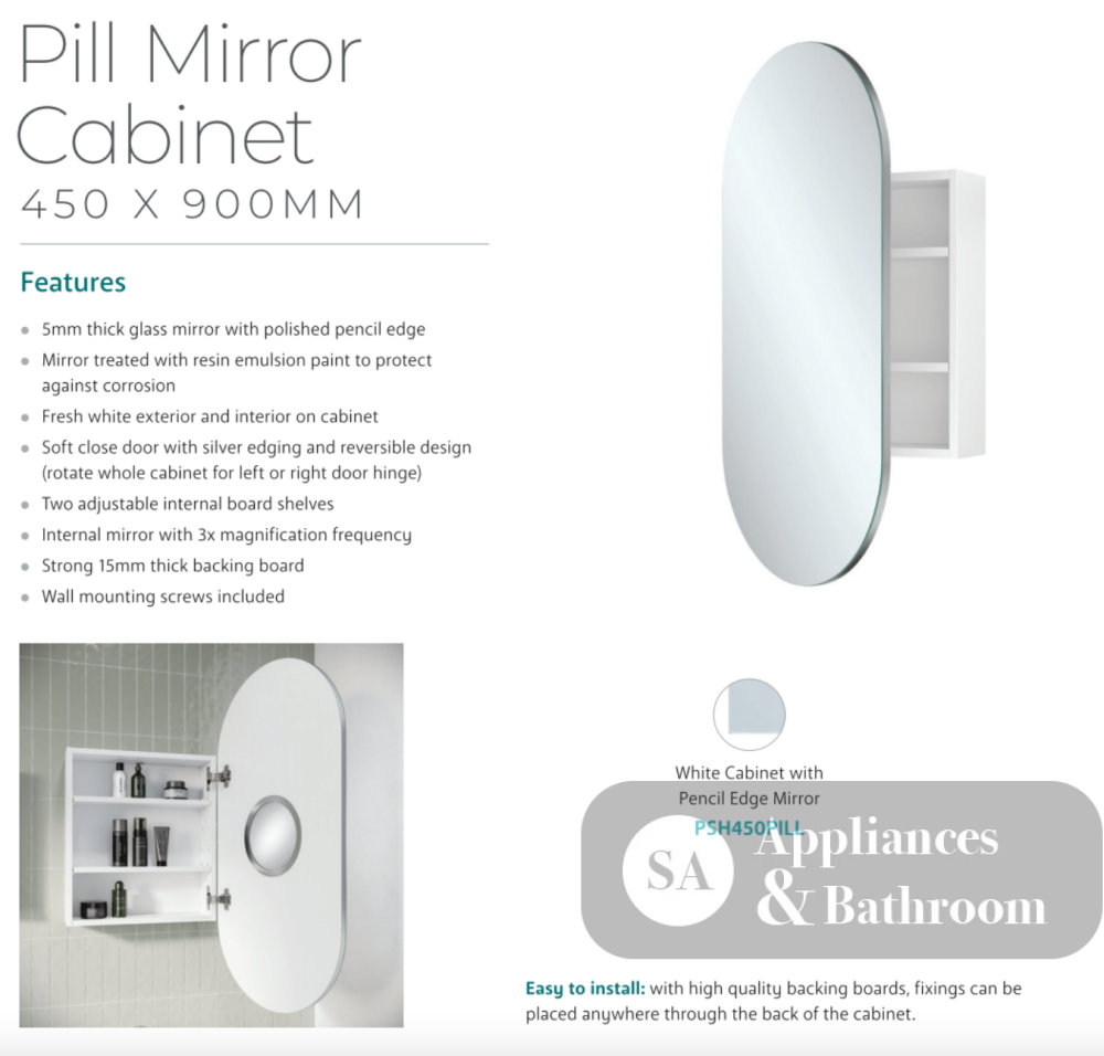 Fienza PSH450PILL Pill 450 X 900mm Mirror Cabinet - Mirrors & Cabinets
