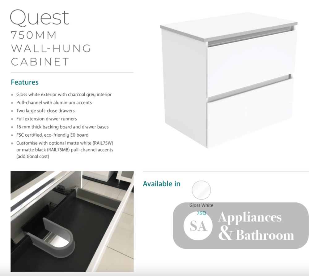 Fienza Quest Tcl75Q Manu 750Mm White Wall Hung Vanity Unit - Special Order Units