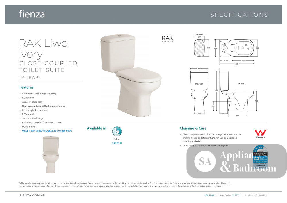 Fienza Rak 222722I Liwa Close-Coupled Suite P-Trap - Ivory - Closed Coupled Suites