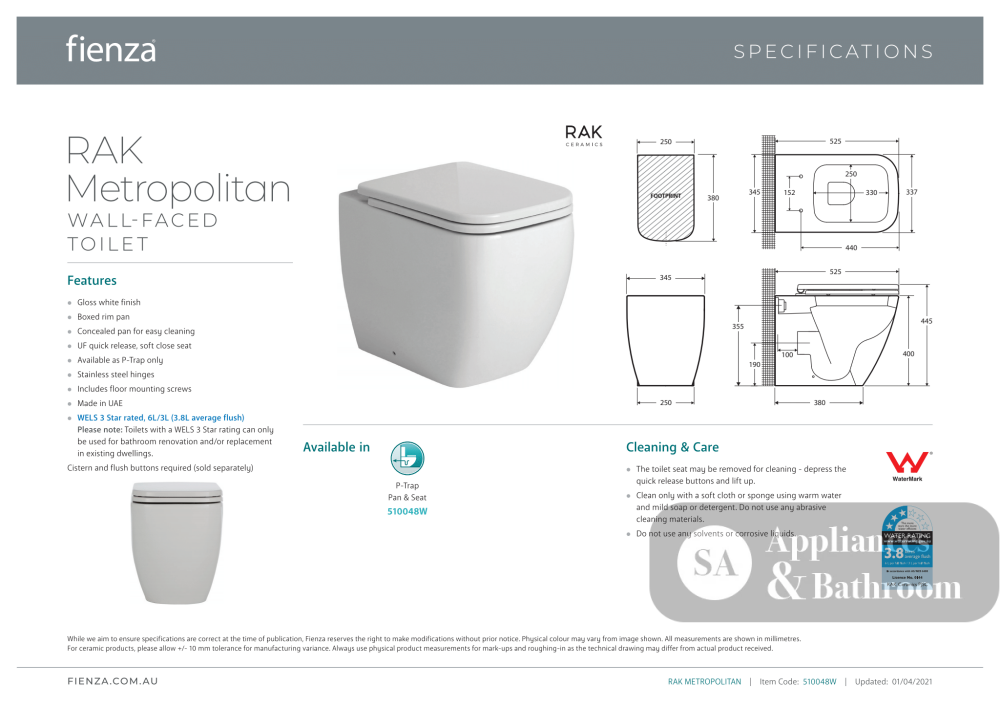 Fienza Rak Metropolitan Wall-Faced Suite - Wall Faced Suite