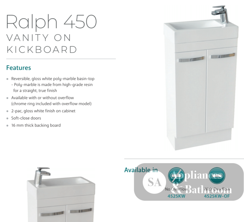 Fienza Ralph 4525Kw 450Mm White Vanity Unit On Kickboard - Special Order Units
