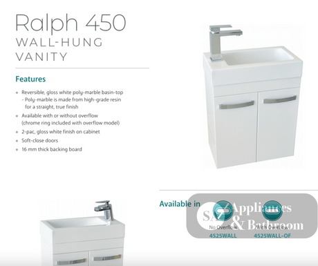 Fienza Ralph 4525Wall White 450Mm Vanity Unit Wall Hung - Special Order Units
