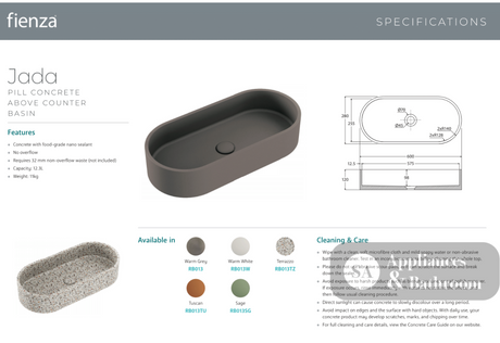 Fienza RB013W Jada Pill Concrete Above Counter Basin Warm White - Basins