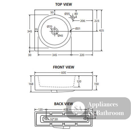 Fienza RB039L-1 Reba Left Bowl Wall Basin One Tap Hole - Basins