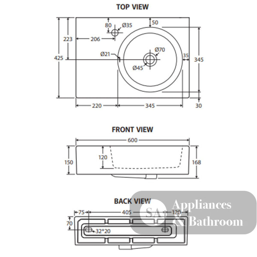Fienza RB039R-1 Reba Right Bowl Wall Basin One Tap Hole - Basins