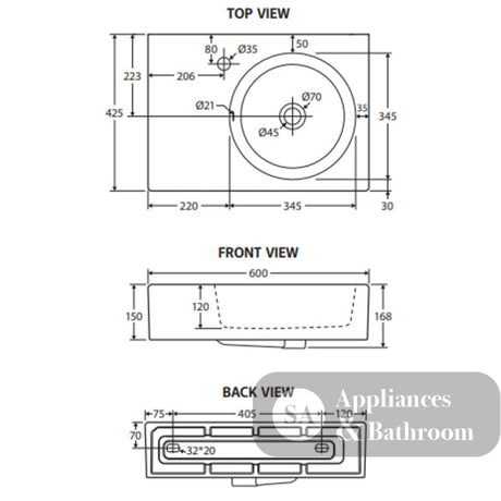 Fienza RB039R-1 Reba Right Bowl Wall Basin One Tap Hole - Basins