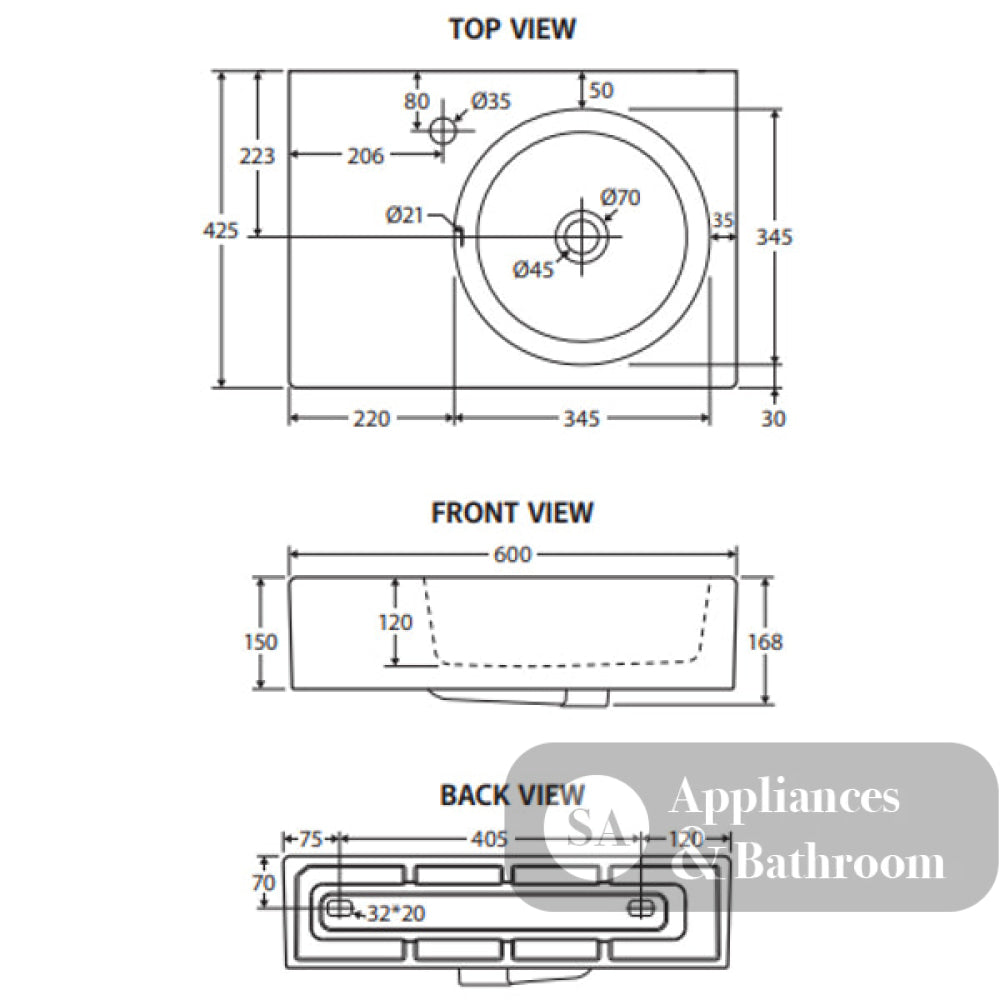 Fienza RB039R Reba Right Bowl Wall Basin No Tap Hole - Basins
