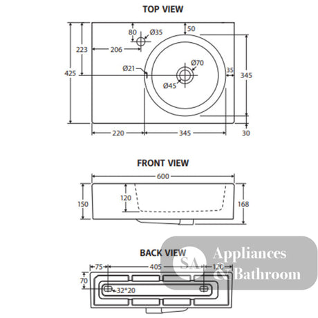 Fienza RB039R Reba Right Bowl Wall Basin No Tap Hole - Basins