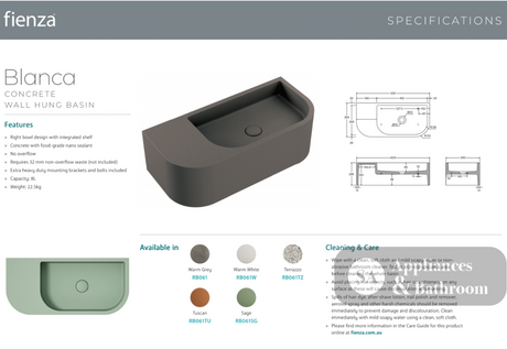 Fienza RB061W Blanca Concrete Wall Basin Warm White - Basins