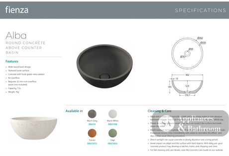 Fienza RB074TU Alba Round Concrete Above Counter Basin Tuscan - Basins
