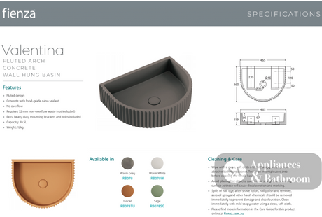 Fienza RB078W Valentina Fluted Arch Concrete Wall Basin Warm White - Pre Order - Basins