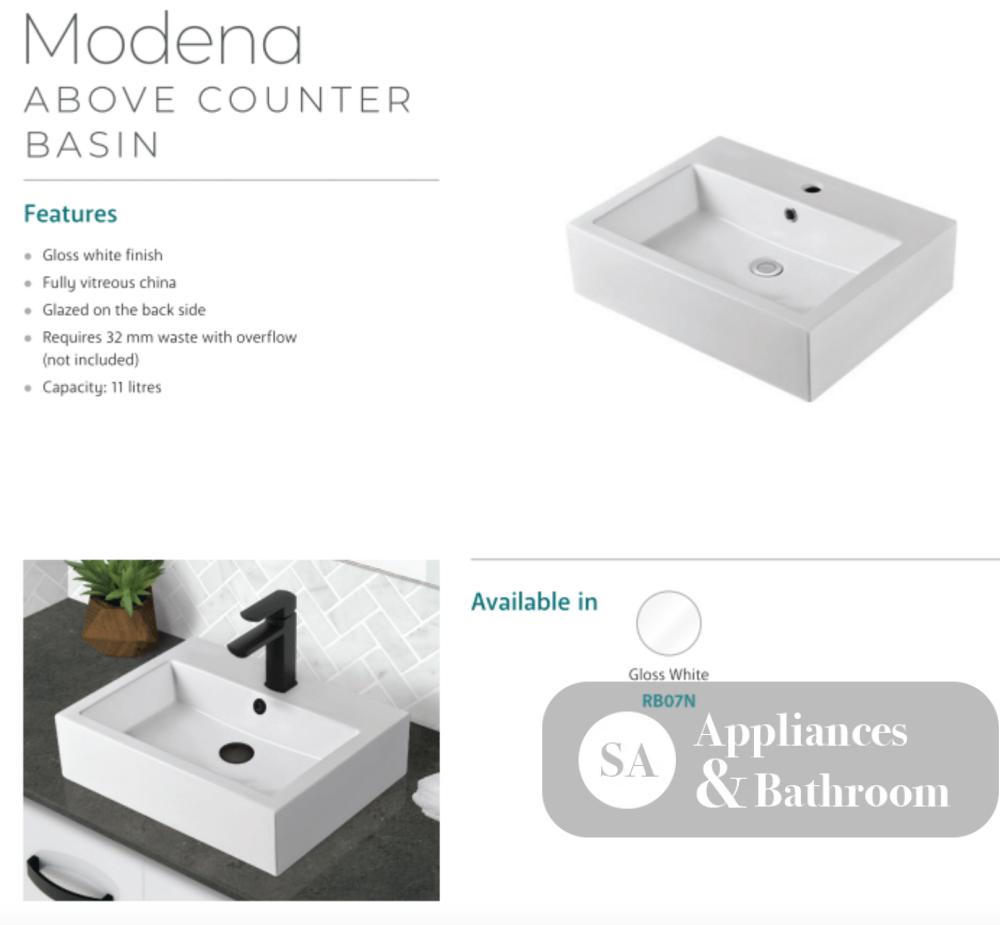 Fienza RB07N Modena Above Counter Basin 1 Tap Hole White Gloss - Basins