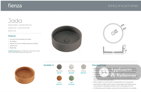 Fienza RB199TZ Jada Concrete Above Counter Basin Terrazzo - Basins