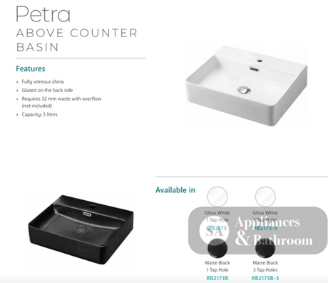 Fienza RB2173 Petra Above Counter 1 Tap Hole Ceramic Basin White - Basins