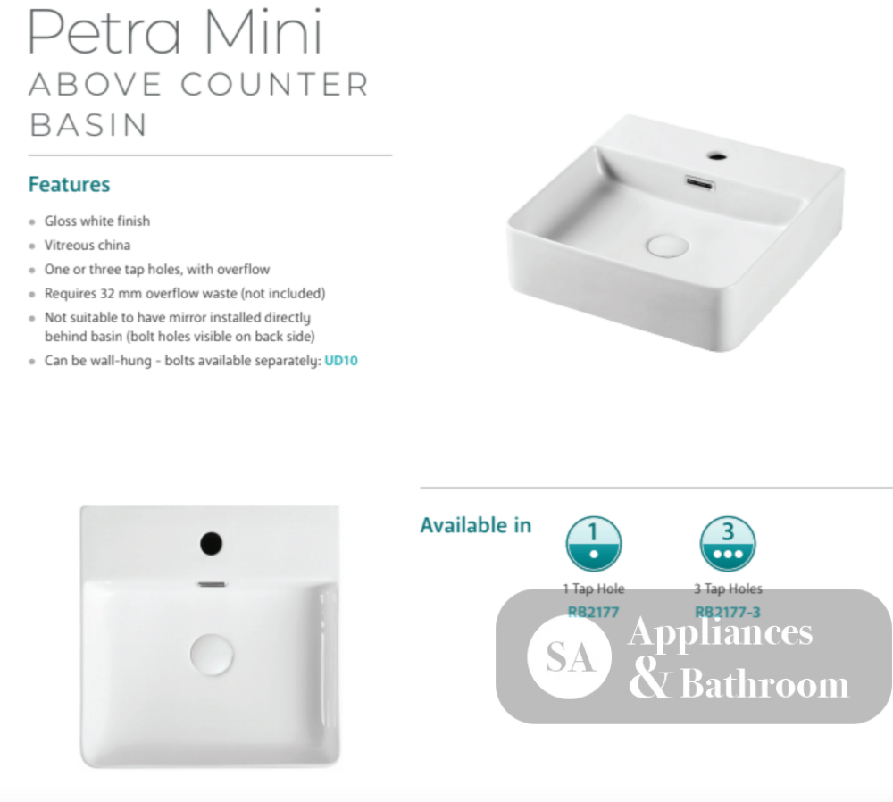 Fienza RB2177 Petra Mini Above Counter 1 Tap Hole Basin White - Basins