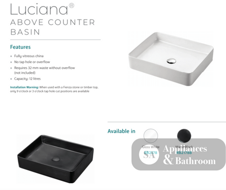 Fienza RB2178B Luciana Above Counter Ceramic Basin Matte Black - Basins