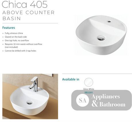 Fienza RB2201 Chica 405mm Above Counter Ceramic Basin White - Basins