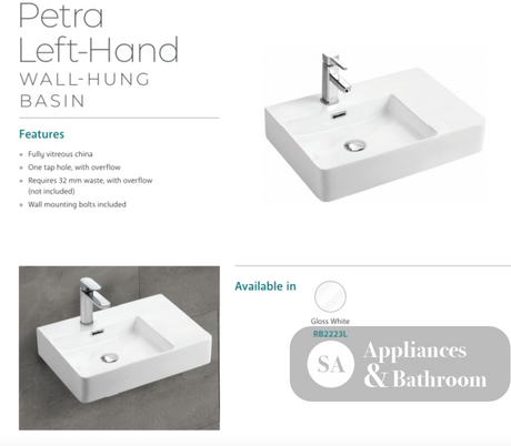 Fienza RB2223L Petra Wall Hung 1 Tap Hole Basin Left Hand White - Basins