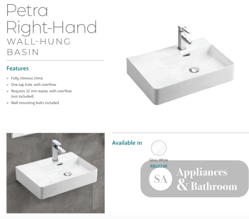 Fienza RB2223R Petra Wall Hung 1 Tap Hole Basin Right Hand White - Basins
