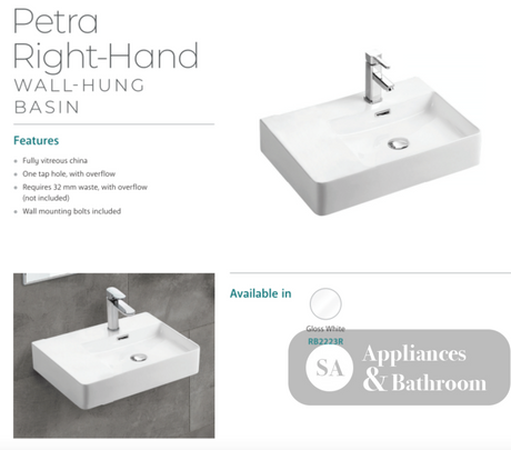 Fienza RB2223R Petra Wall Hung 1 Tap Hole Basin Right Hand White - Basins