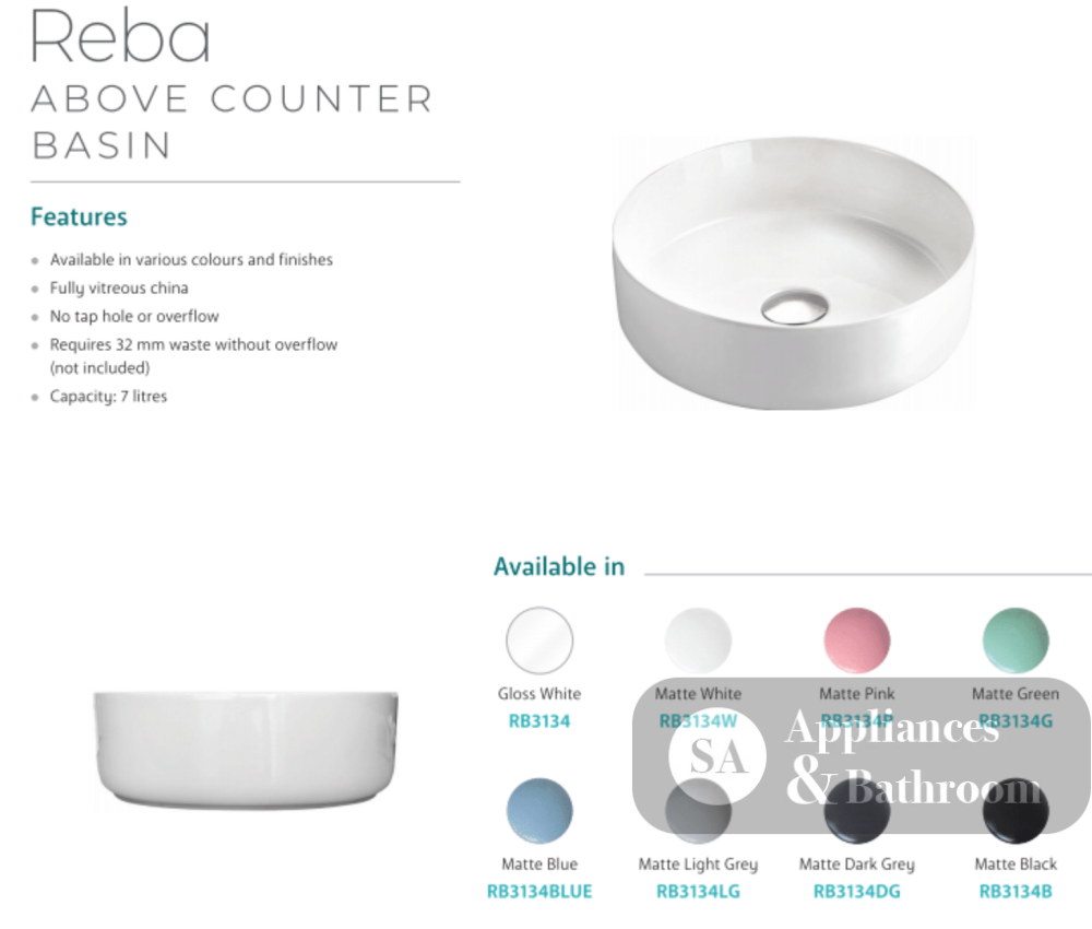 Fienza RB3134 Reba Above Counter Ceramic Basin Gloss White - Basins