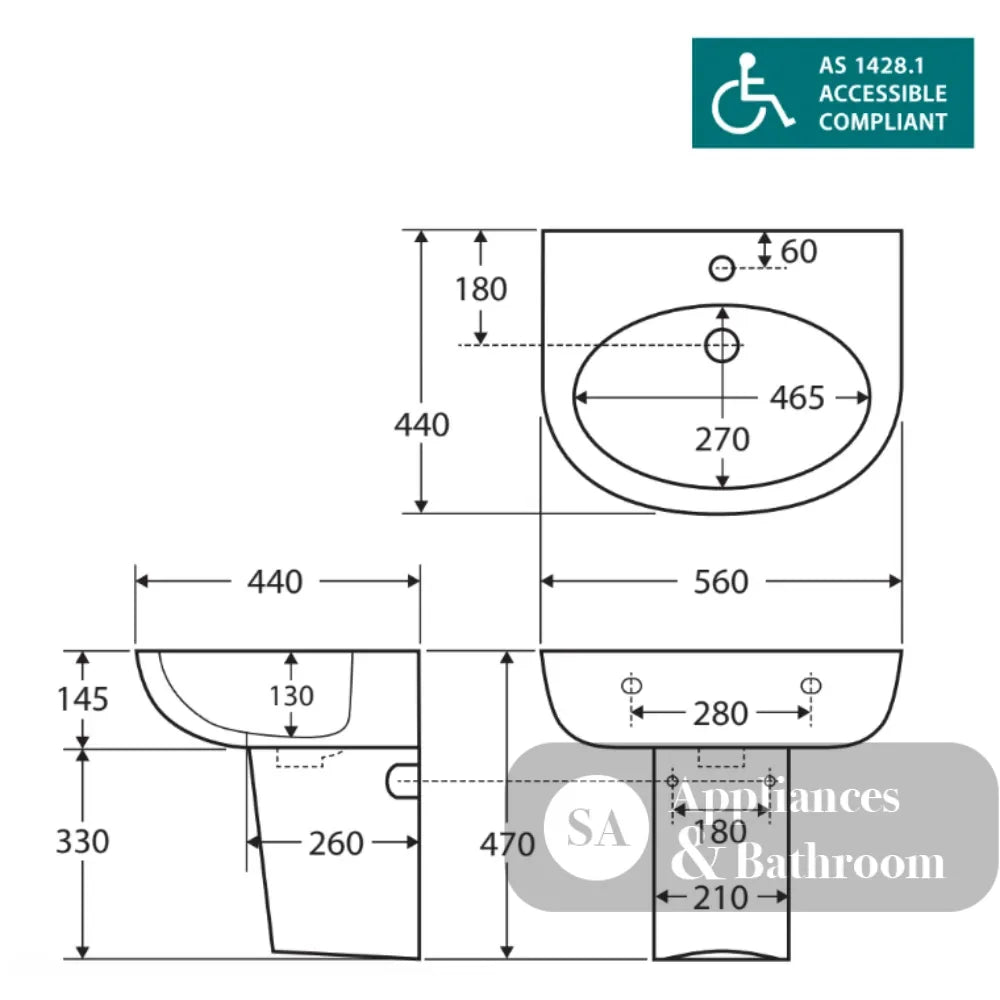Fienza RB379S Stella Care Ceramic Gloss White Wall Basin Integral Shroud One Tap Hole - Basins