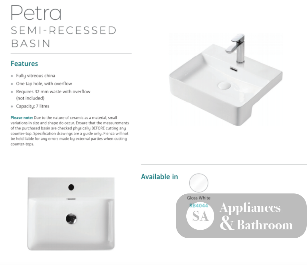 Fienza RB4044 Petra 1 Tap Hole Semi Recessed Basin White - Basins